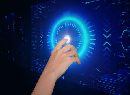 hand click on button security future technology conceptの写真素材