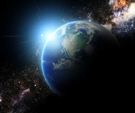 earth and sunbeam in galaxy space element finished by nasaの写真素材