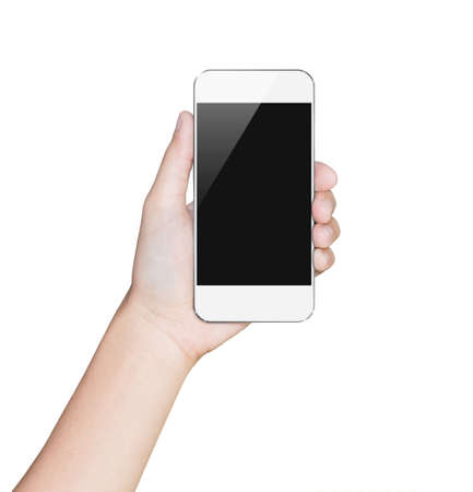 closeup hand hold smartphone white mobile clipping path insideの写真素材
