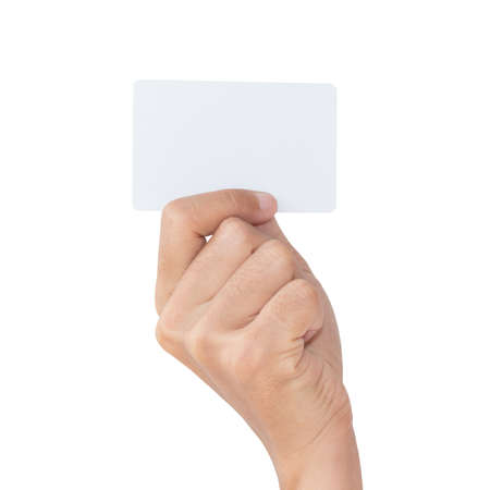 closeup hand hold blank card isolated with clipping pathの写真素材