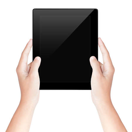 hand hold tablet screen isolated white with clipping path insideの写真素材