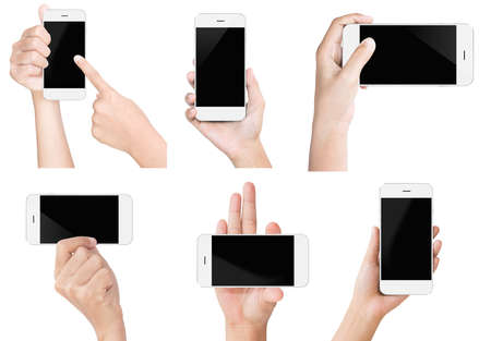 hand hold white modern smart phone show screen display isolated set hand hold white modern smart phone show screen display isolated set