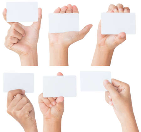 hand hold blank white card isolated with clipping pathの写真素材