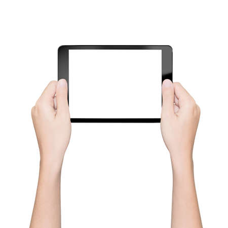 hand holding tablet isolated white with clipping pathの写真素材