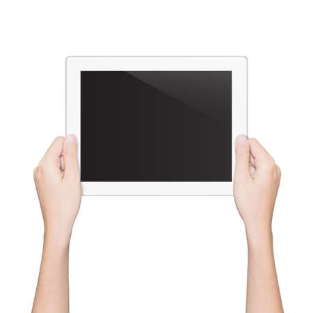 closeup hand holding tablet isolated white clipping path insideの写真素材