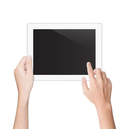 hand using tablet isolated white clipping path insideの写真素材