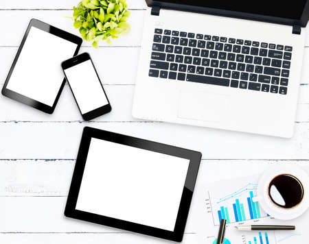 home business communicator set on white woodの写真素材