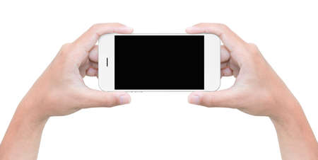 hand hold phone isolated on white with clipping path insideの写真素材