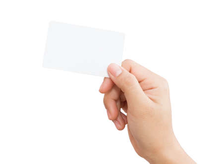 female hand holding blank card isolated