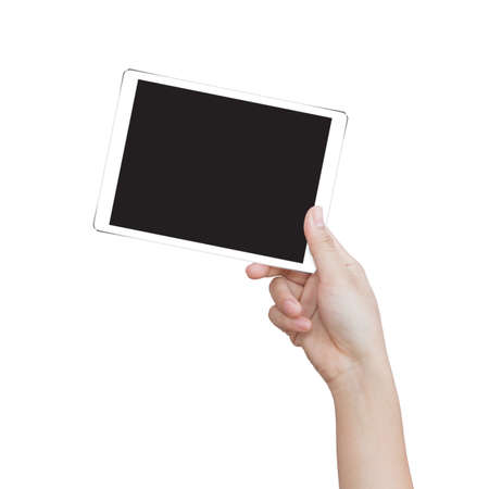 female hand holding digital tablet isolated clipping patch easy add image inside image dataの写真素材