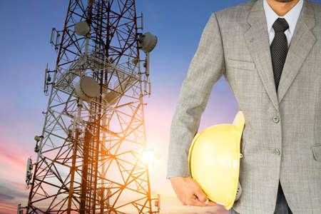 engineering and satellite dish telecom network at sunset communication technologyの写真素材