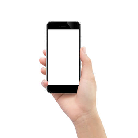 hand holding black phone isolated on white clipping path inside hand holding black phone isolated on white clipping path inside
