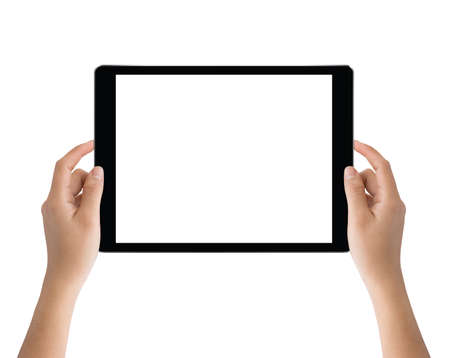 hand holding black tablet isolated on white clipping path inside easy adjustmentの写真素材