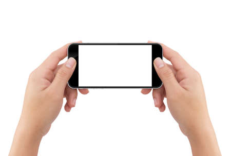 hand holding phone blank screen isolated white background with clipping path easy adjustmentの写真素材