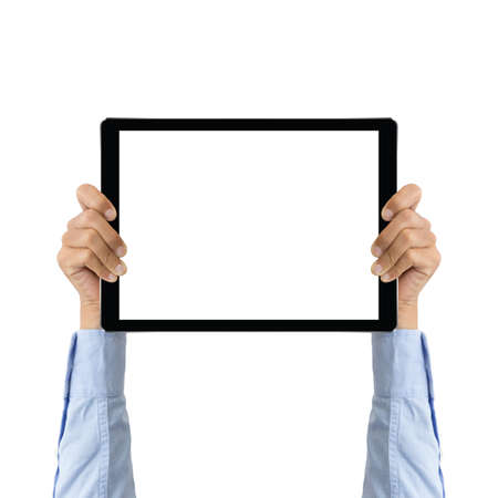 business hand holding tablet showing screen display clipping path insideの写真素材
