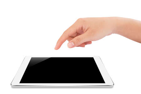 female hand touching on mock up tablet isolated with clipping path insideの写真素材