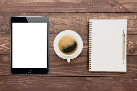 tablet coffee and book blank on wood tablet