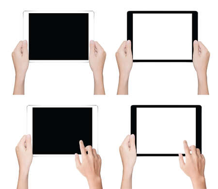 close up hand holding tablet isolated white clipping path inside data