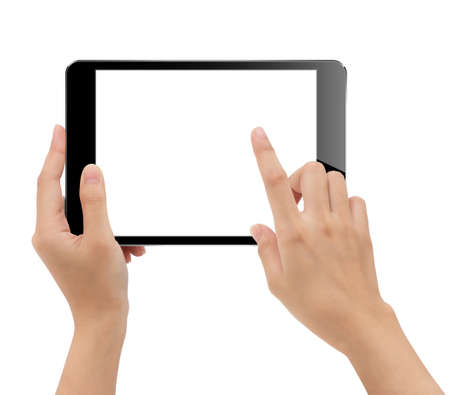 close-up hand holding tablet isolated whiteの写真素材