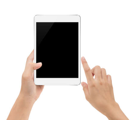 mock-up digital tablet in hand isolated on white background with clipping path insideの写真素材
