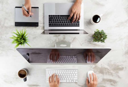 top view of business working deskの写真素材