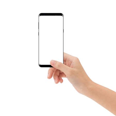 Hand hold new smart phone isolated on white background