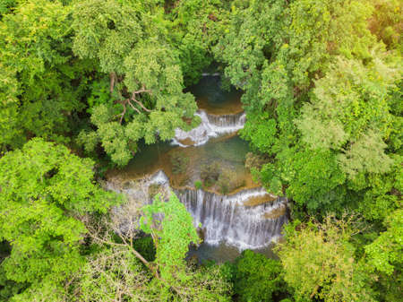 waterfall photography shot from drone on top view, huay mae khamin waterfall in kanchanaburi province, thailandの写真素材