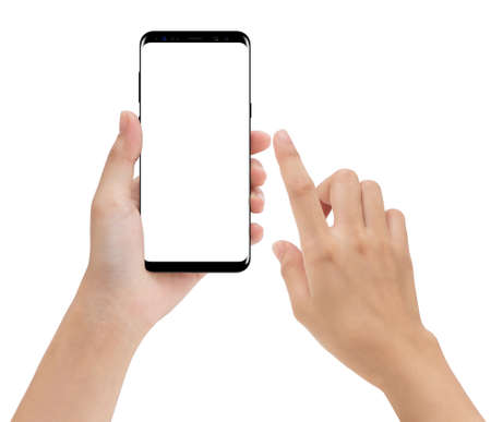 close-up hand hold and touching on phone mobile isolated white backgroundの写真素材