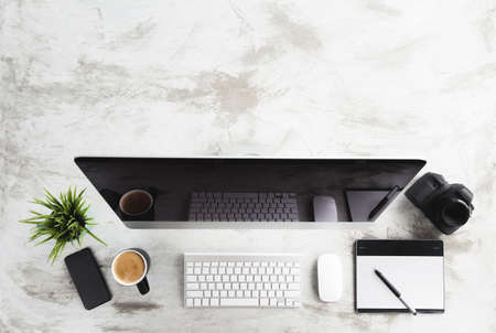 top view of creative deskの写真素材