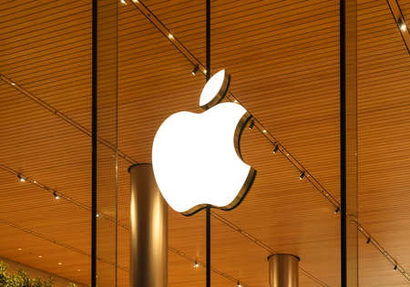 Bangkok, Thailand - September 30, 2019 : Apple logo at Apple Iconsiam The new Apple Store located inside Iconsiam shopping malls a new global landmark on Chao Phraya River in Bangkok-Thailand.のeditorial素材