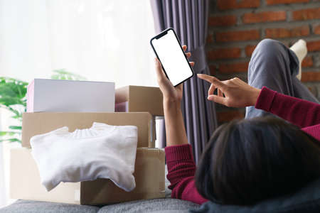 woman lying on the sofa playing on the phone shopping onlineの写真素材