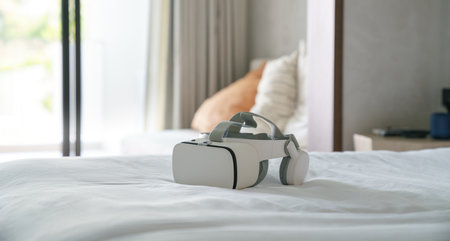 vr glass on bed in morningの写真素材