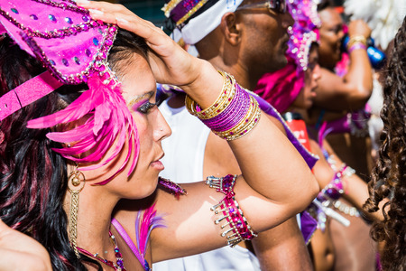 Trinidad, West Indies - February 5, 2008 - Beautifully costumed female masquerader with headdress taking part in Carnival Tuesday celebrations on February 5, 2008 in Port Of Spain, Trinidad W  I のeditorial素材