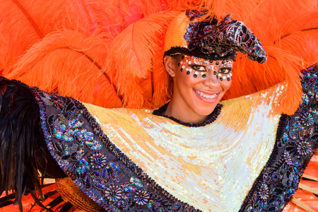 Trinidad, West Indies - February 2, 2008 - Member of a band in a beautiful costume takes part in Trinidad Carnival celebrations during Junior Parade of the Bands February 2, 2008 in Trinidad W  I のeditorial素材
