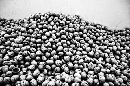walnuts against a wall at the marketの写真素材