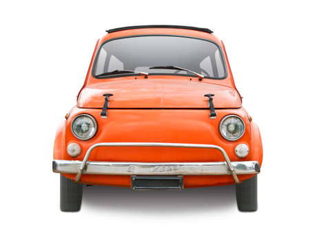 Classic Italian mini car front view isolated on white