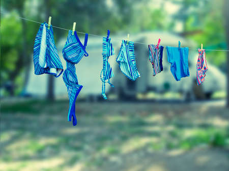 Swimsuit laundry on the clothes lineの写真素材