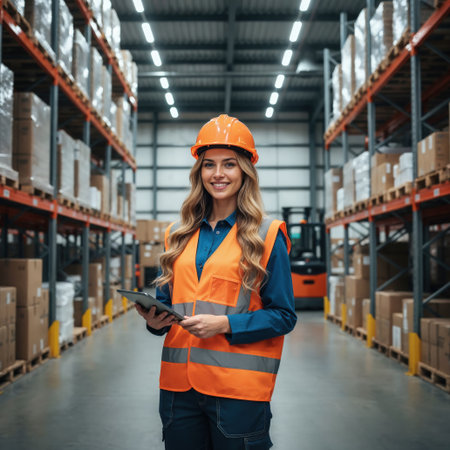 Portrait of female warehouse worker using digital tablet in warehouse. This is a freight transportation and distribution warehouse. Industrial and industrial workers conceptの素材