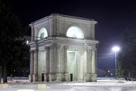 The view at The Triumphal arch in Central Kishinev near to the Nativity Cathedral and directly opposite Government House, Moldova.のeditorial素材