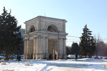 The view at The Triumphal arch in Central Kishinev near to the Nativity Cathedral and directly opposite Government House, Moldova.のeditorial素材