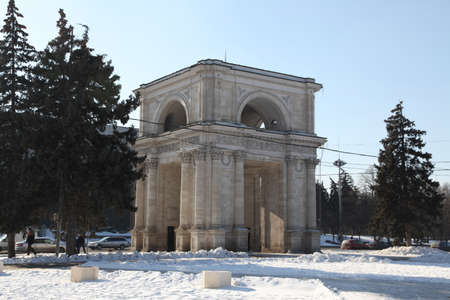 The view at The Triumphal arch in Central Kishinev near to the Nativity Cathedral and directly opposite Government House, Moldova.のeditorial素材
