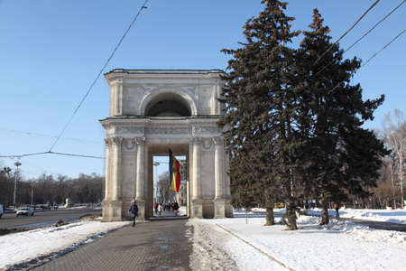 The view at The Triumphal arch in Central Kishinev near to the Nativity Cathedral and directly opposite Government House, Moldova.のeditorial素材