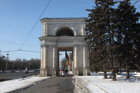 The view at The Triumphal arch in Central Kishinev near to the Nativity Cathedral and directly opposite Government House, Moldova.のeditorial素材