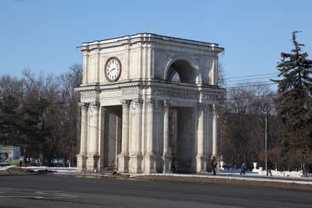 The view at The Triumphal arch in Central Kishinev near to the Nativity Cathedral and directly opposite Government House, Moldova.のeditorial素材