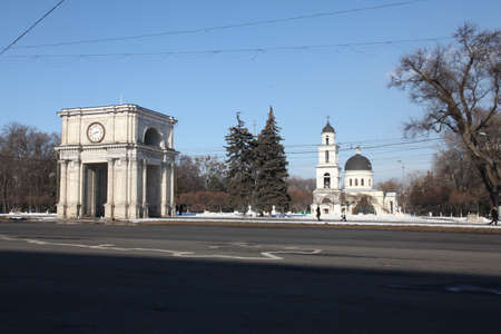 The view at The Triumphal arch in Central Kishinev near to the Nativity Cathedral and directly opposite Government House, Moldova.のeditorial素材