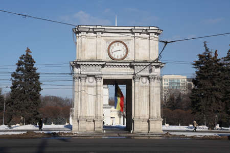 The view at The Triumphal arch in Central Kishinev near to the Nativity Cathedral and directly opposite Government House, Moldova.のeditorial素材
