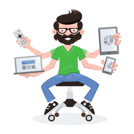 Geek guy with devicesのイラスト素材