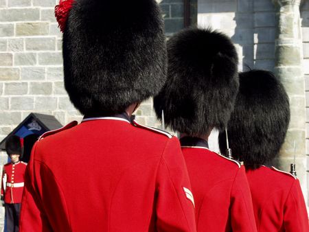 Four members of the Canadian Royal 22nd Regiment changing the guard at the Citadel in Old Quebec...