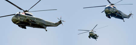 When the president of the USA is traveling by helicopter, three machines will perform a complex set of manoeuvres at takeoff designed to make it impossible to tell which one he is on.の写真素材