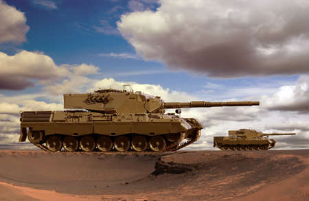 European-built main battle tanks preparing to engage the enemy in a desert.
